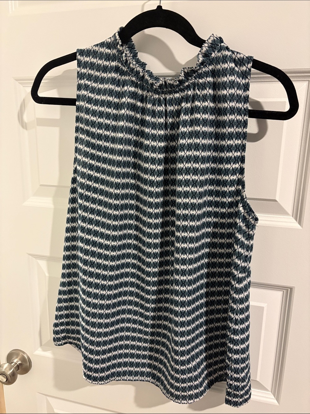 Banana Republic Navy and White Smocked Mock-Neck Sleeveless Blouse
